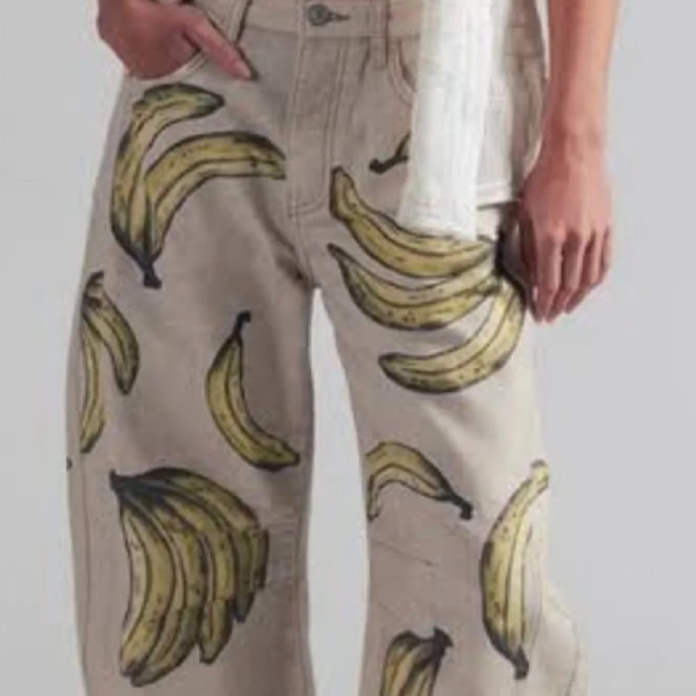 NWT FREE PEOPLE We The Free Good Luck Printed Barrel Jeans - Go Bananas - Picture 7 of 8